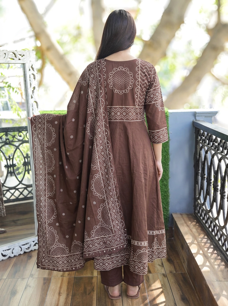 Rashi Choco Brown Bandhani Gathered Cotton 3 PIece Set