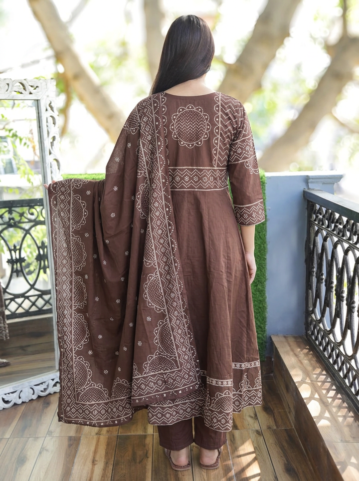 Rashi Choco Brown Bandhani Gathered Cotton 3 PIece Set