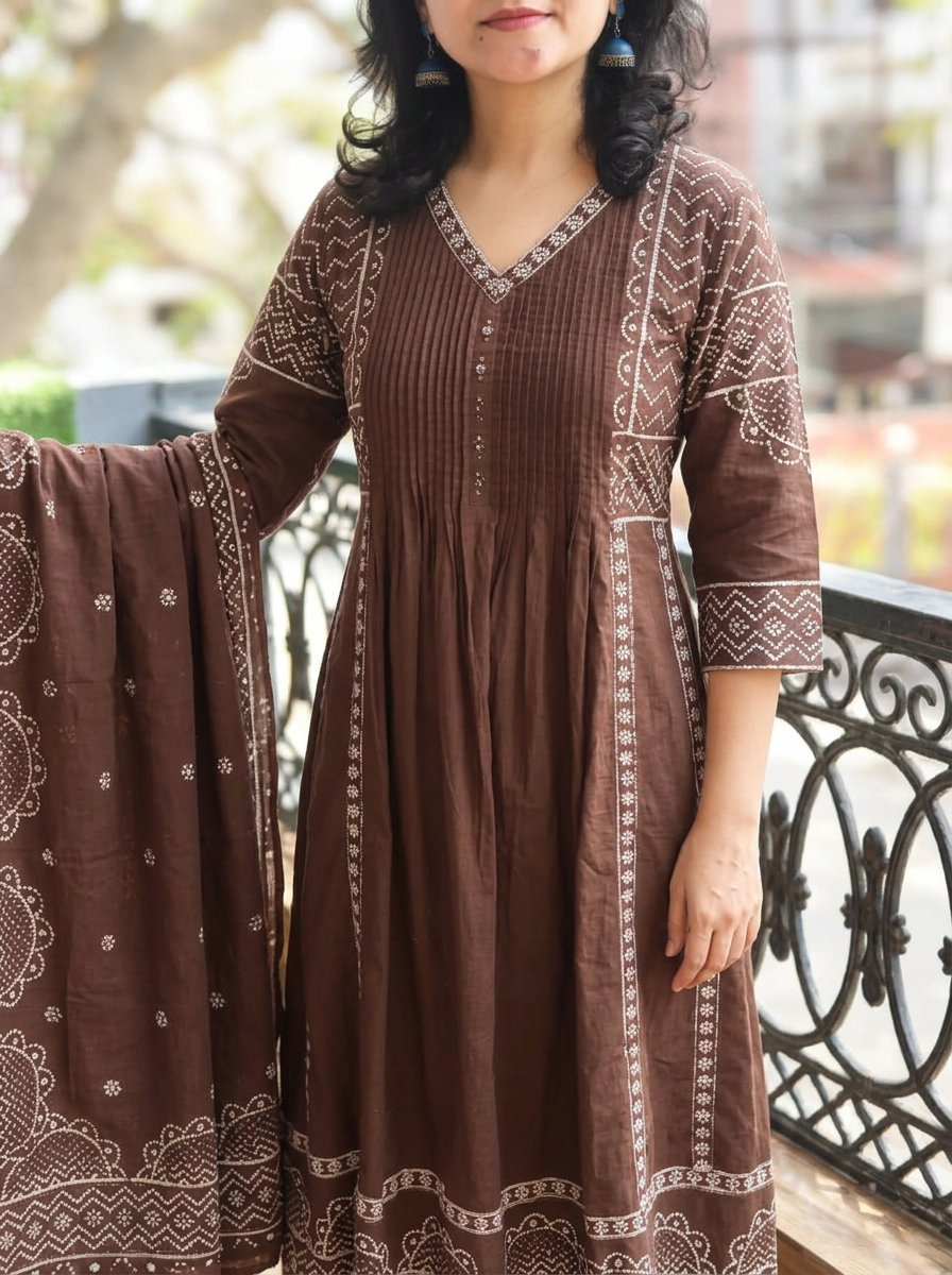 Rashi Choco Brown Bandhani Gathered Cotton 3 PIece Set