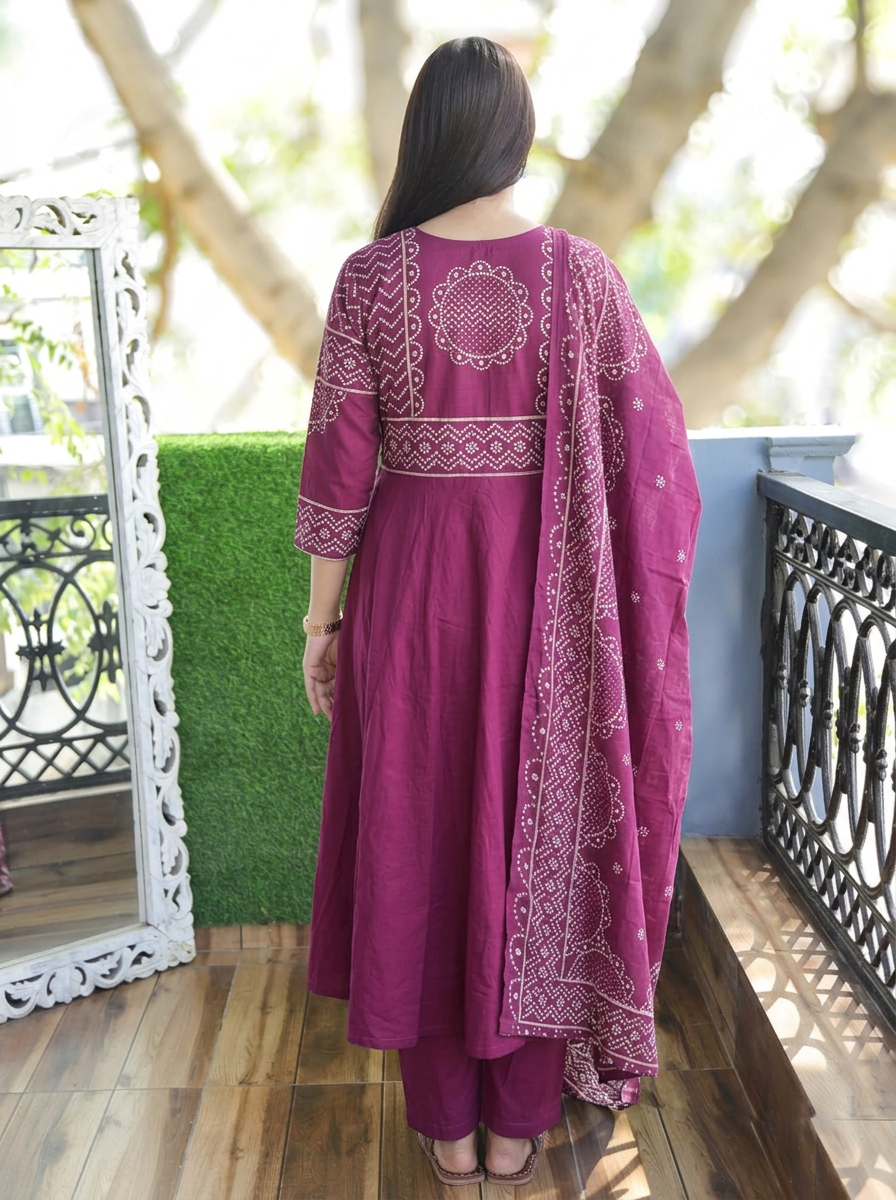 Rashi Wine Purple Bandhani Gathered Cotton 3 PIece Set