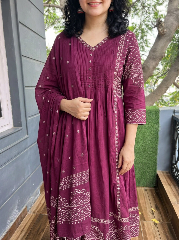 Rashi Wine Purple Bandhani Gathered Cotton 3 PIece Set