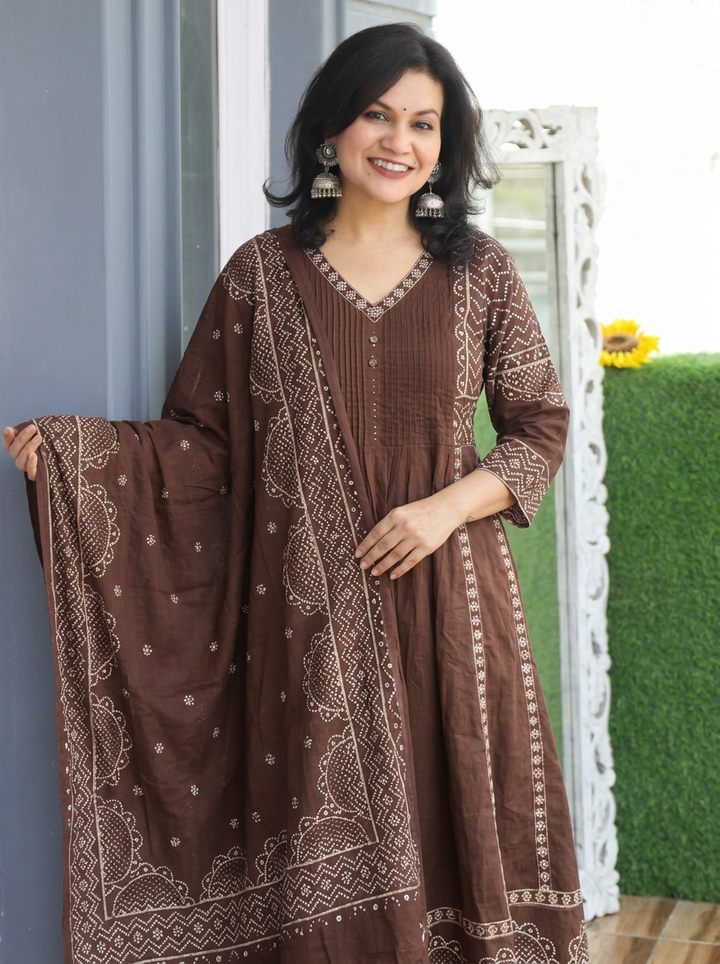 Rashi Choco Brown Bandhani Gathered Cotton 3 PIece Set