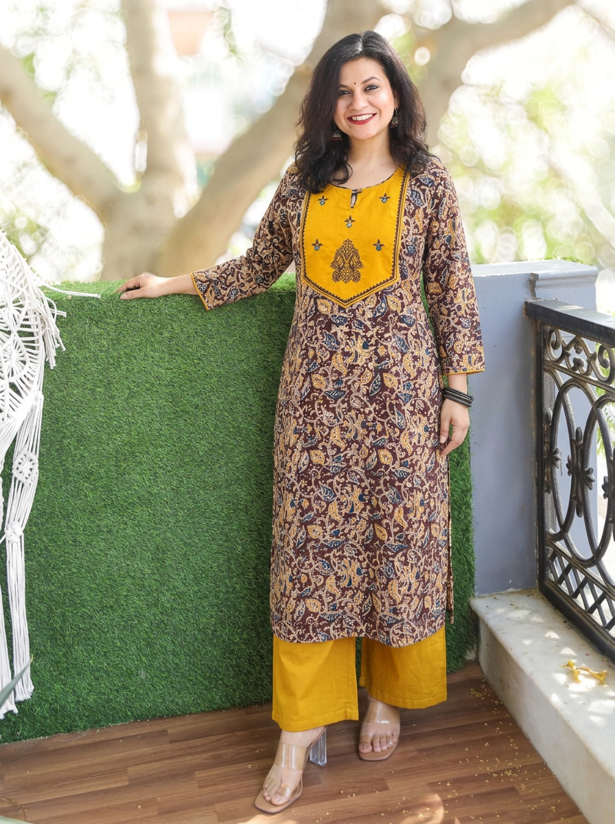 Raya Yellow Yoke with Maroon Kalamkari Cotton Kurti