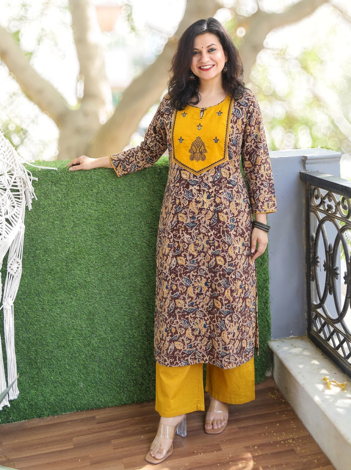 Raya Yellow Yoke with Maroon Kalamkari Cotton Kurti