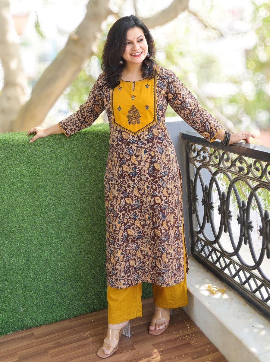 Raya Yellow Yoke with Maroon Kalamkari Cotton Kurti