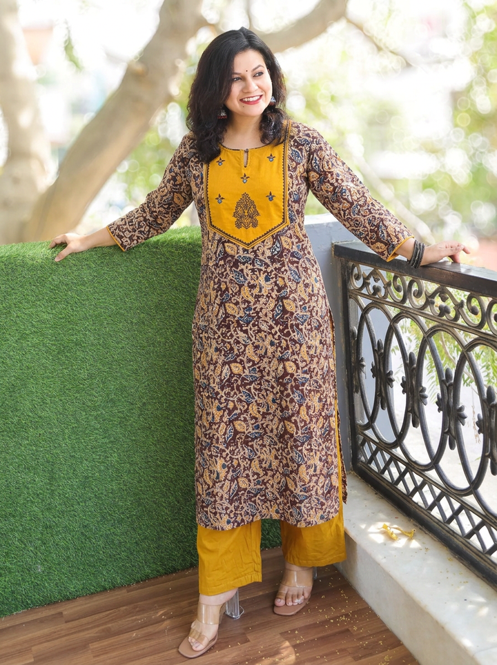 Raya Yellow Yoke with Maroon Kalamkari Cotton Kurti