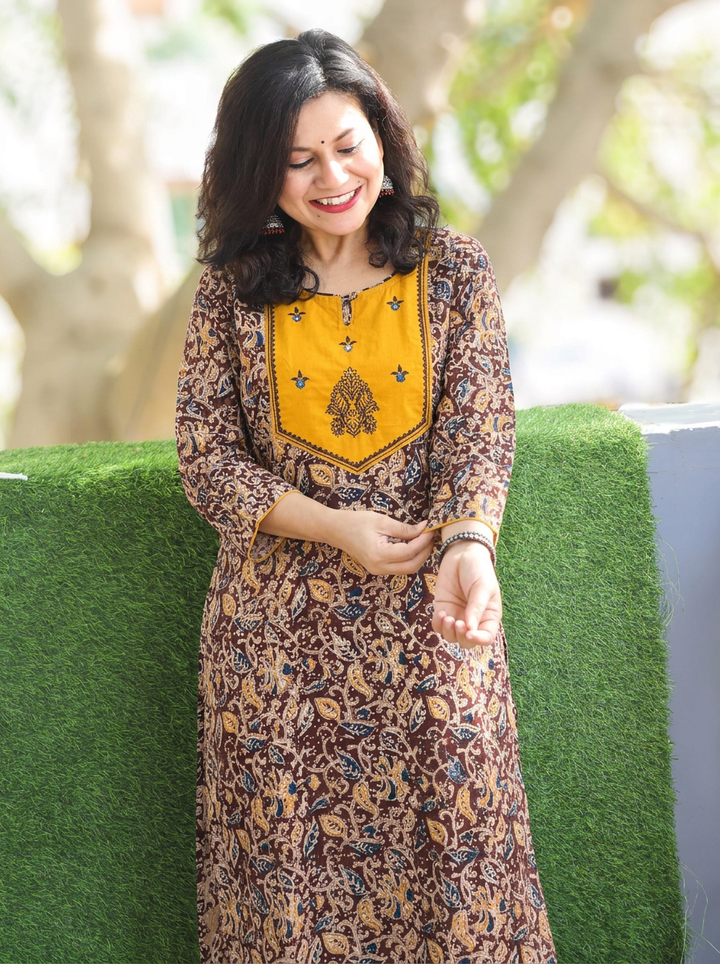 Raya Yellow Yoke with Maroon Kalamkari Cotton Kurti