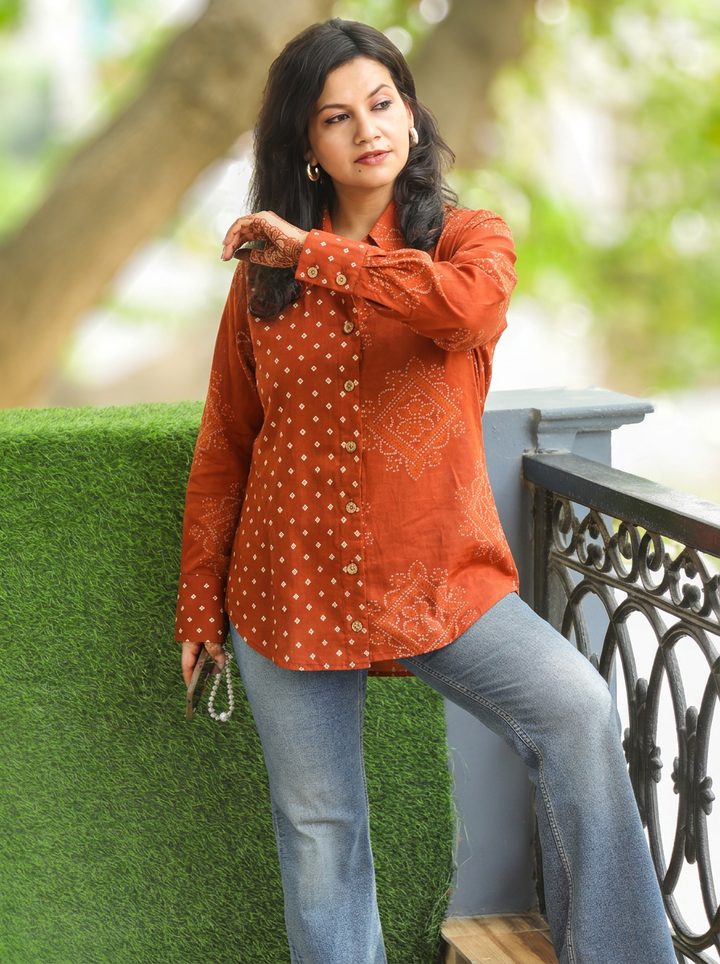 Bandhan Bronze Rust Bandhani Printed Cotton Shirt
