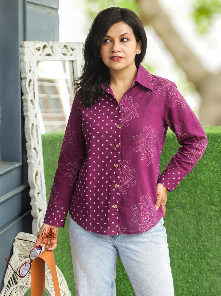Bandhan Plum Purple Bandhani Printed Cotton Shirt