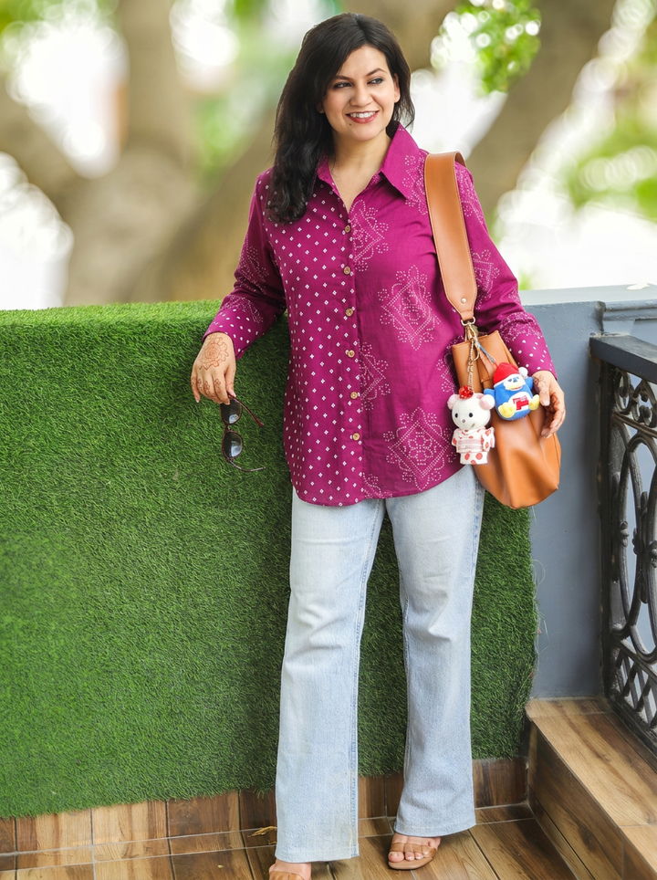 Bandhan Plum Purple Bandhani Printed Cotton Shirt