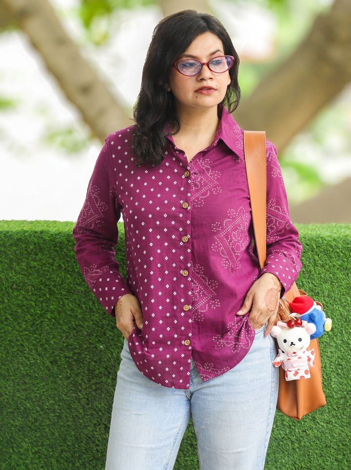 Bandhan Plum Purple Bandhani Printed Cotton Shirt