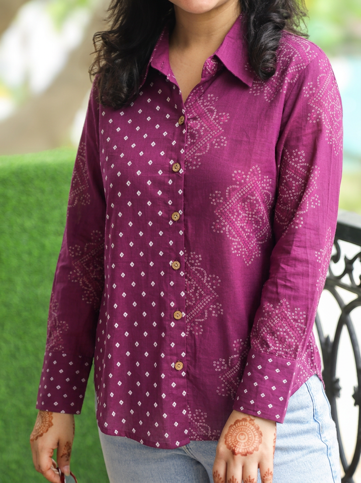 Bandhan Plum Purple Bandhani Printed Cotton Shirt