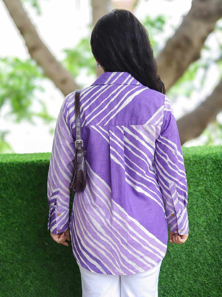 Bandhan Lilac Lavender Leheriya Print Wood Button Cotton Shirt