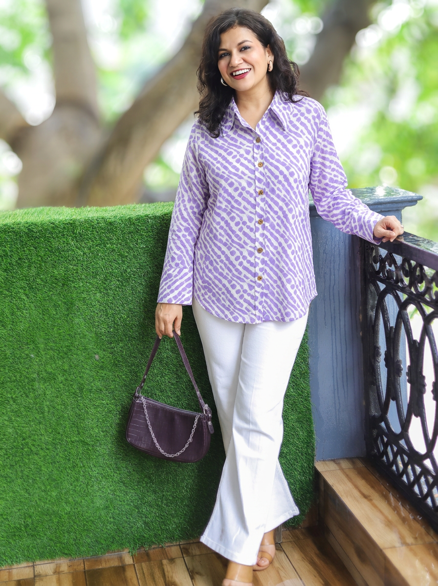 Bandhan Tulip Lilac Leheriya Print Wood Button Cotton Shirt