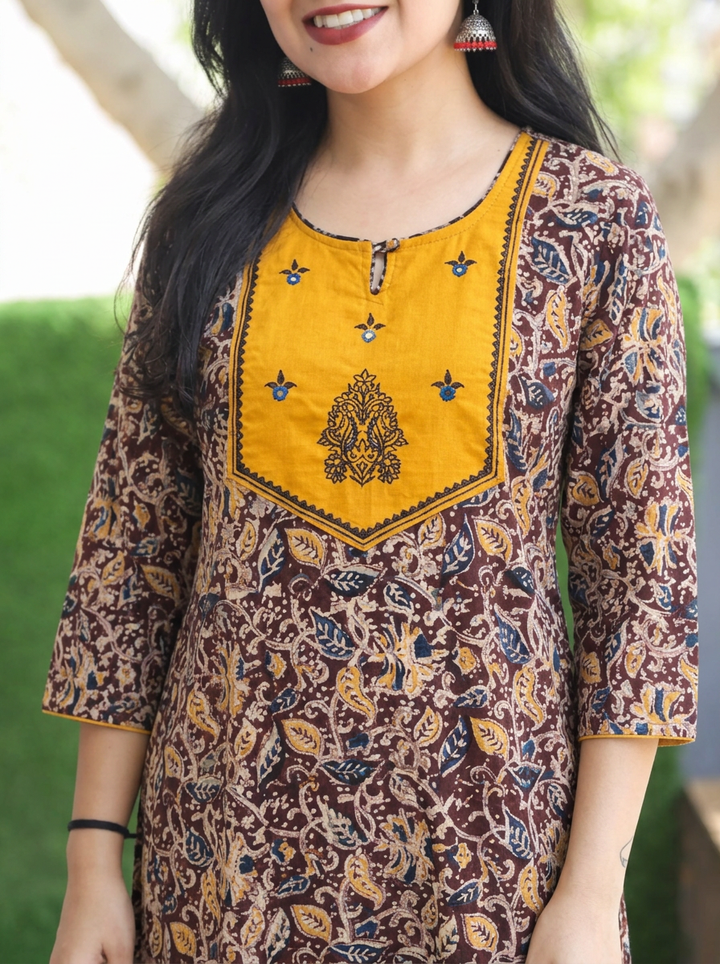 Raya Yellow Yoke with Maroon Kalamkari Cotton Kurti