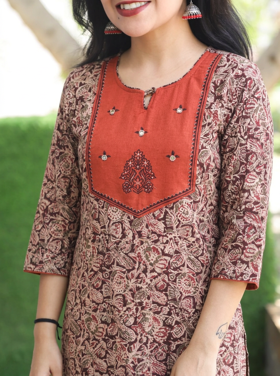 Raya Coral Peach Yoke with Red Kalamkari Cotton Kurti