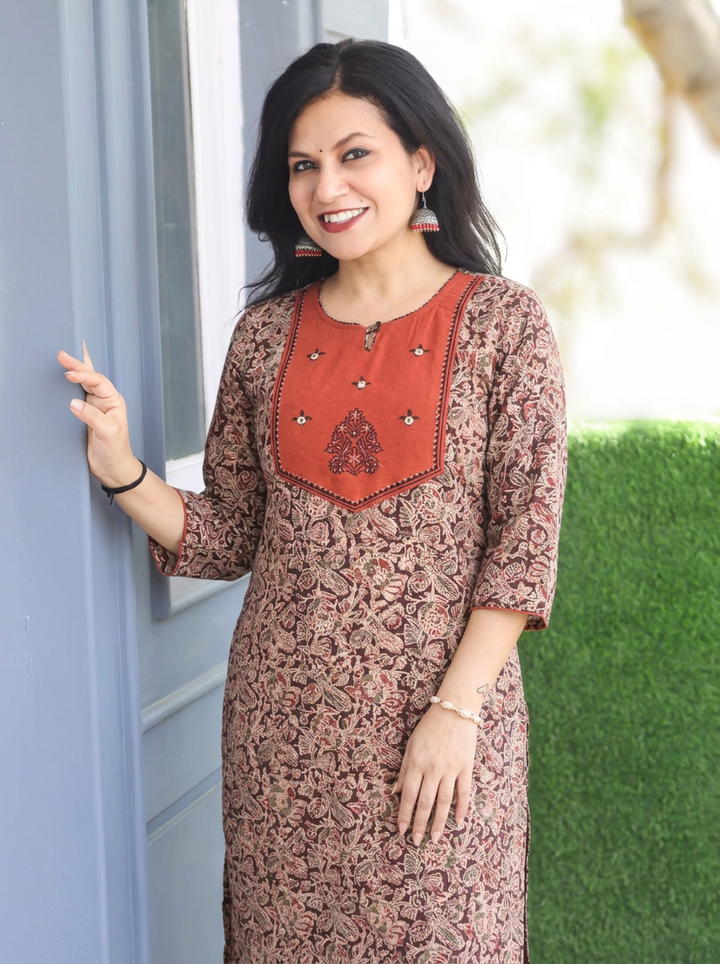 Raya Coral Peach Yoke with Red Kalamkari Cotton Kurti