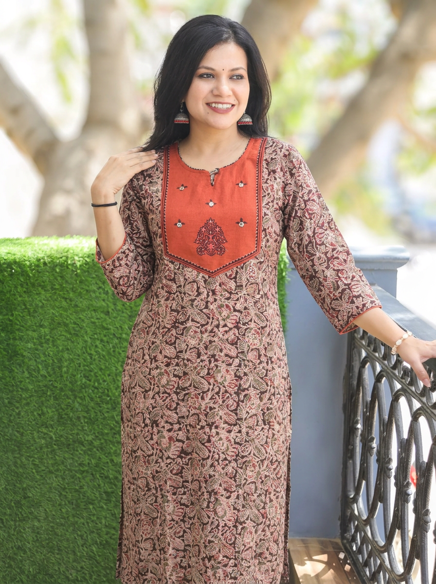 Raya Coral Peach Yoke with Red Kalamkari Cotton Kurti