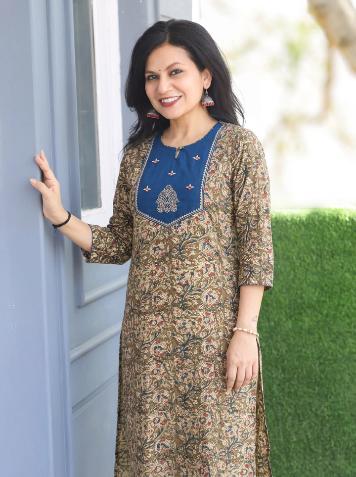 Raya Blue Yoke with Maroon Kalamkari Cotton Kurti