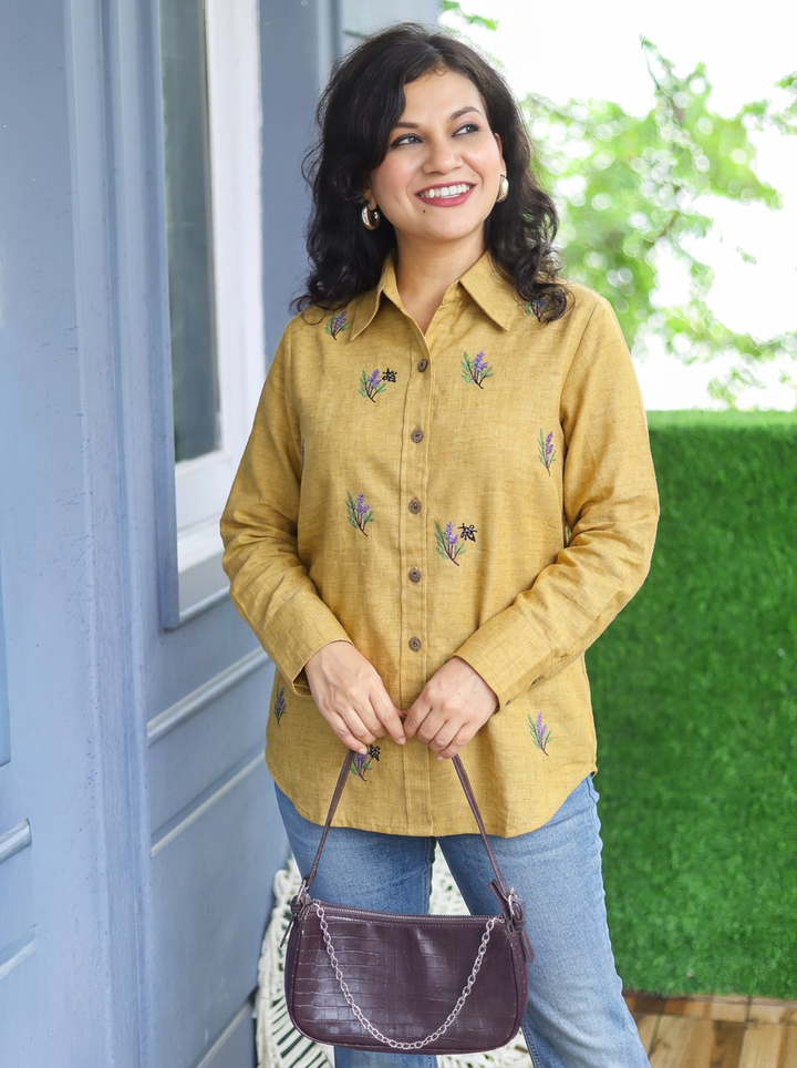 Barsha Mustard Embroidered Wood Button Linen Shirt