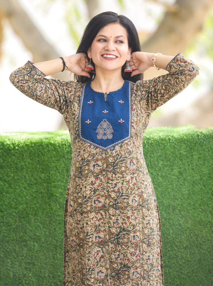 Raya Blue Yoke with Maroon Kalamkari Cotton Kurti
