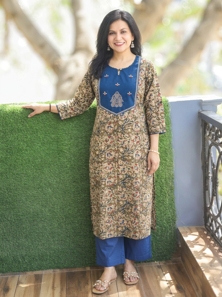 Raya Blue Yoke with Maroon Kalamkari Cotton Kurti