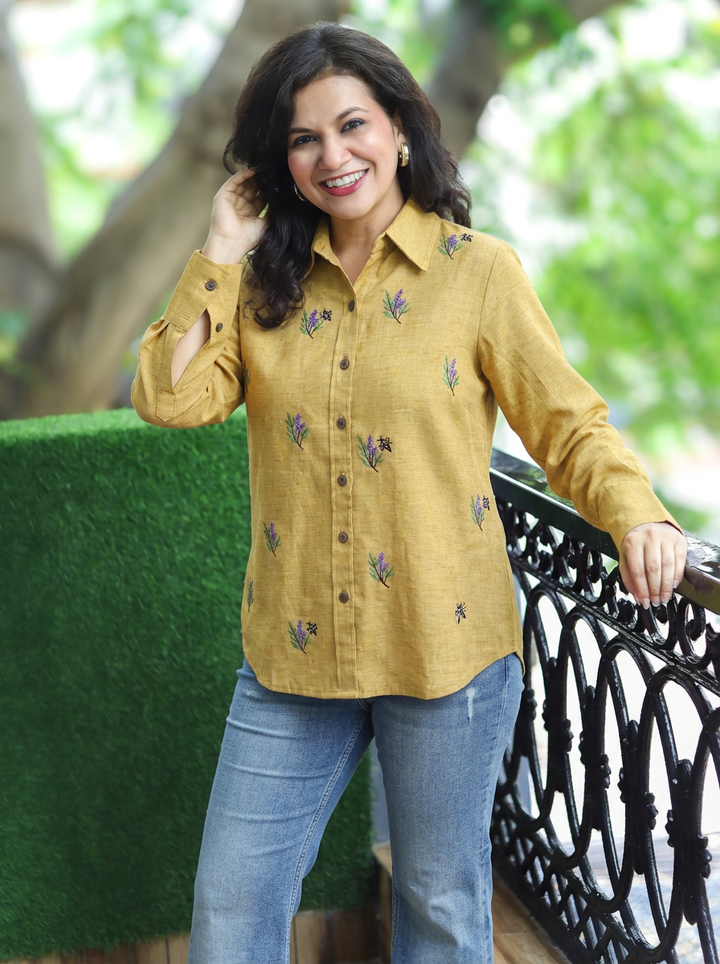Barsha Mustard Embroidered Wood Button Linen Shirt