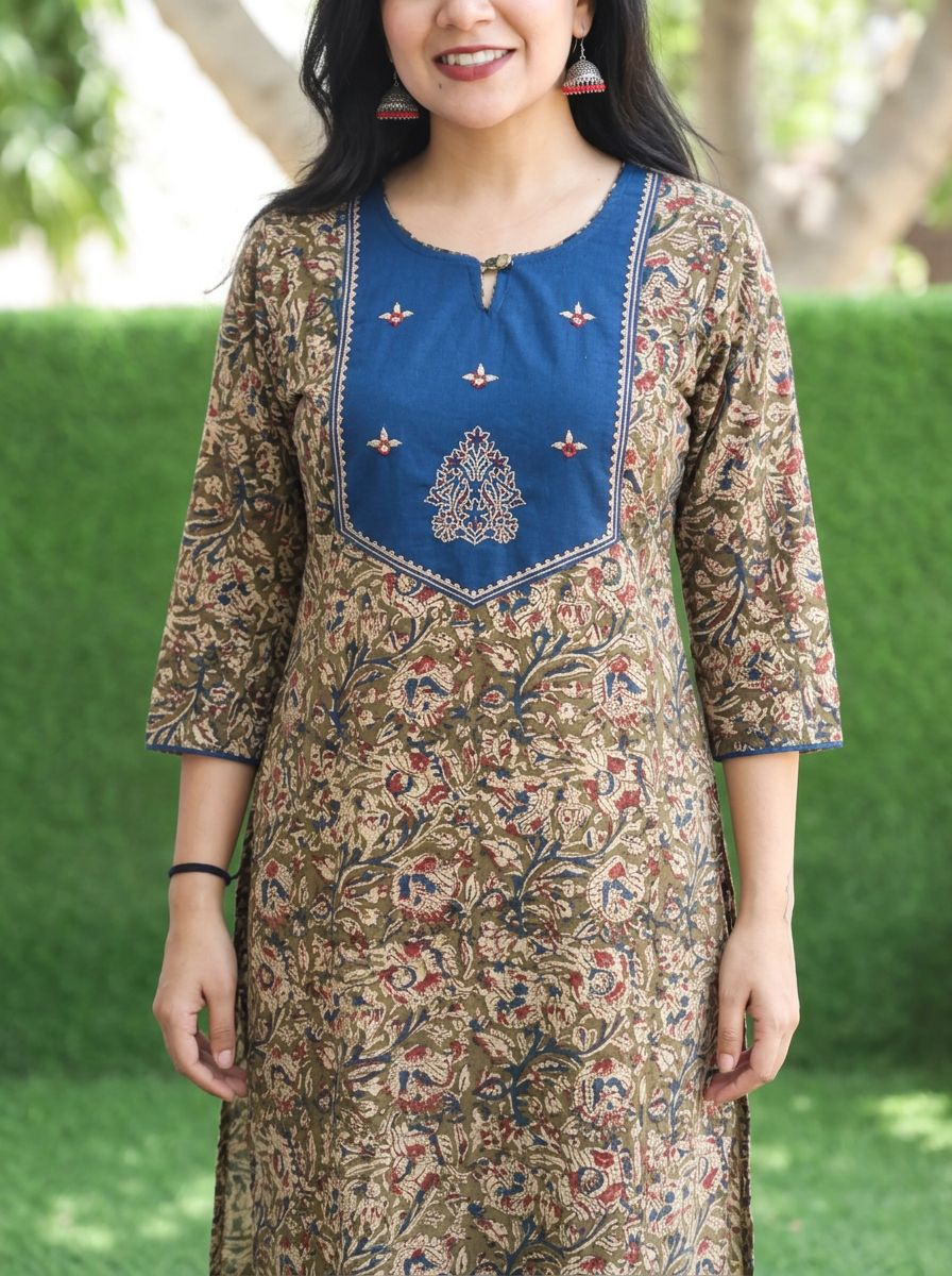 Raya Blue Yoke with Maroon Kalamkari Cotton Kurti