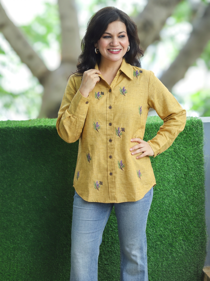 Barsha Mustard Embroidered Wood Button Linen Shirt