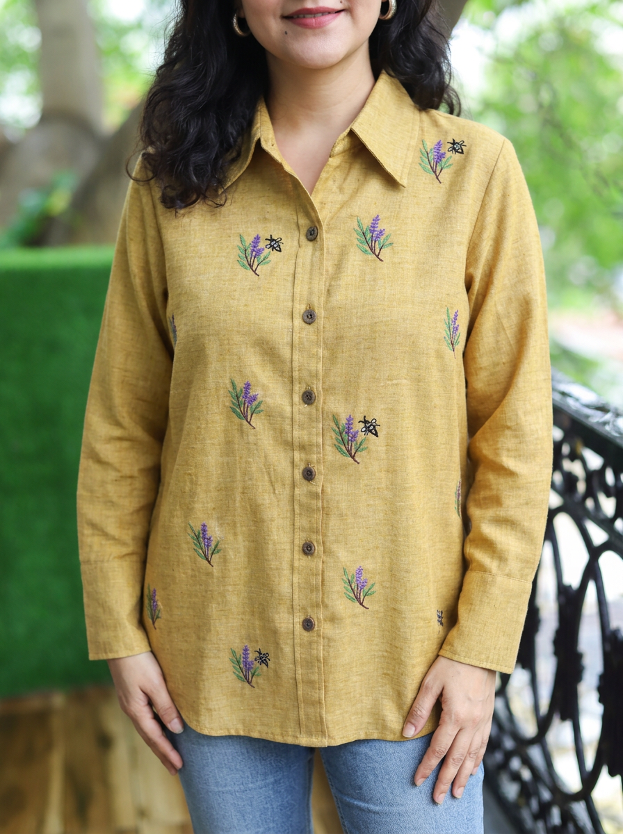 Barsha Mustard Embroidered Wood Button Linen Shirt