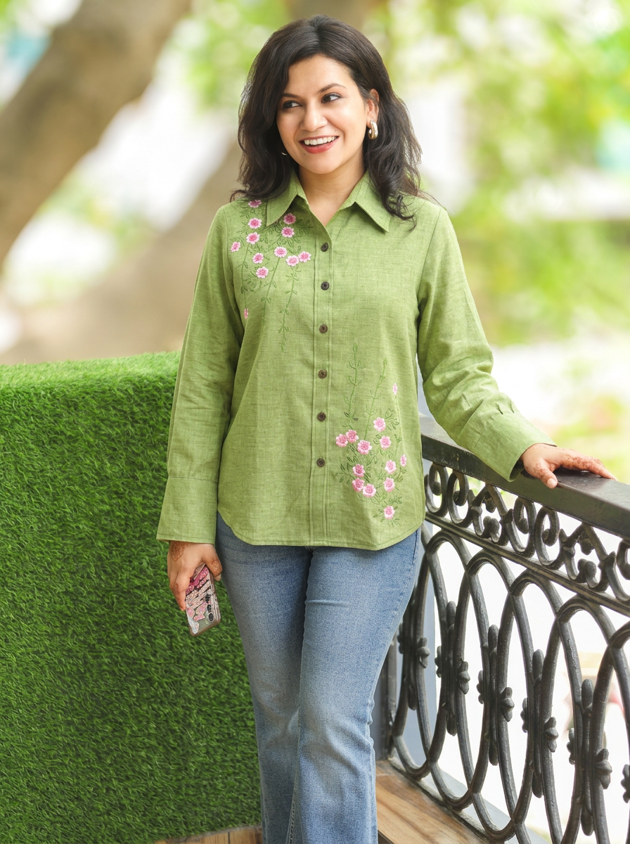 Barsha Green Embroidered Wood Button Linen Shirt
