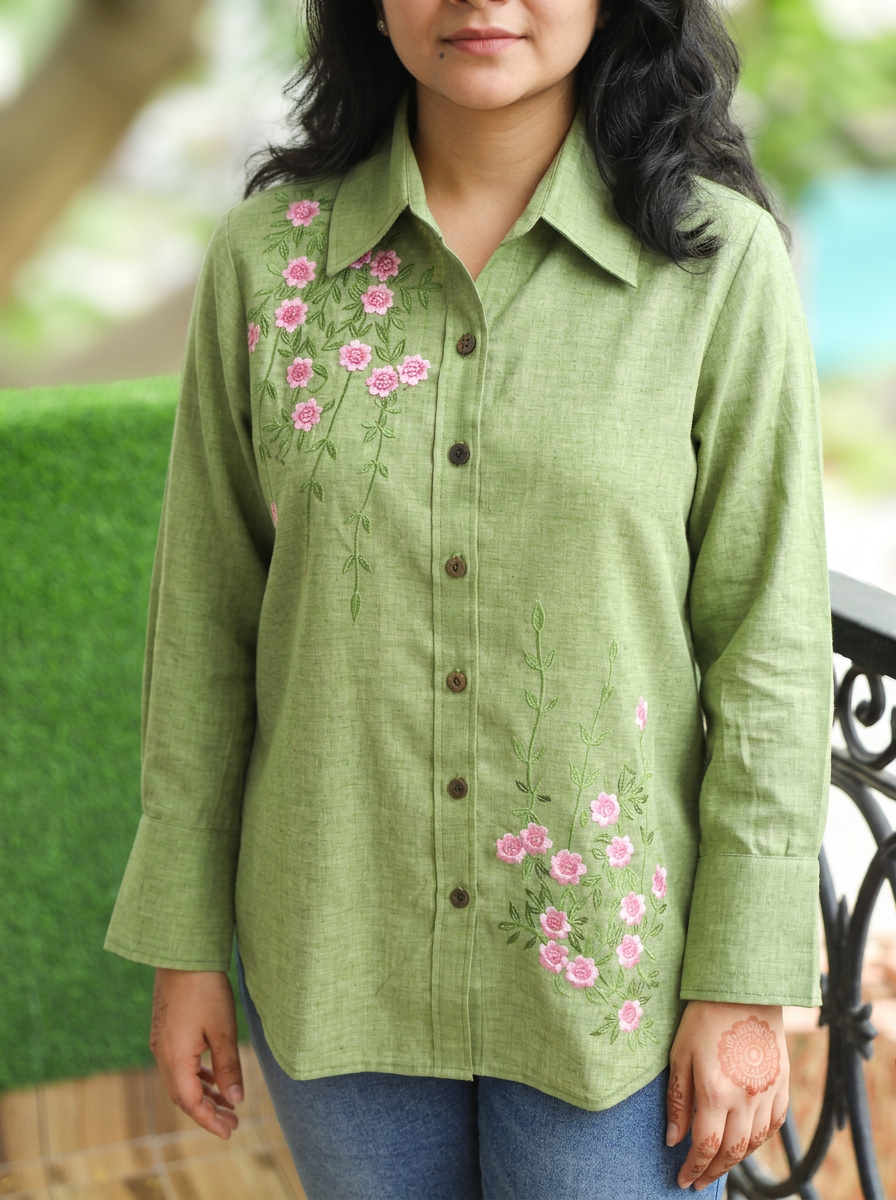 Barsha Green Embroidered Wood Button Linen Shirt