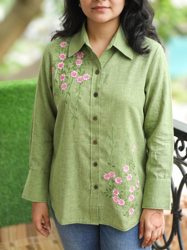 Barsha Green Embroidered Wood Button Linen Shirt