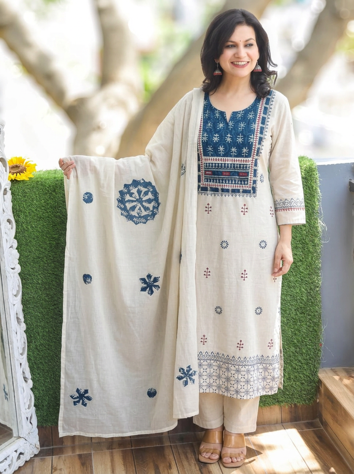 Vaidehi White with Dabu Print Yoke Cotton 3 Piece Set