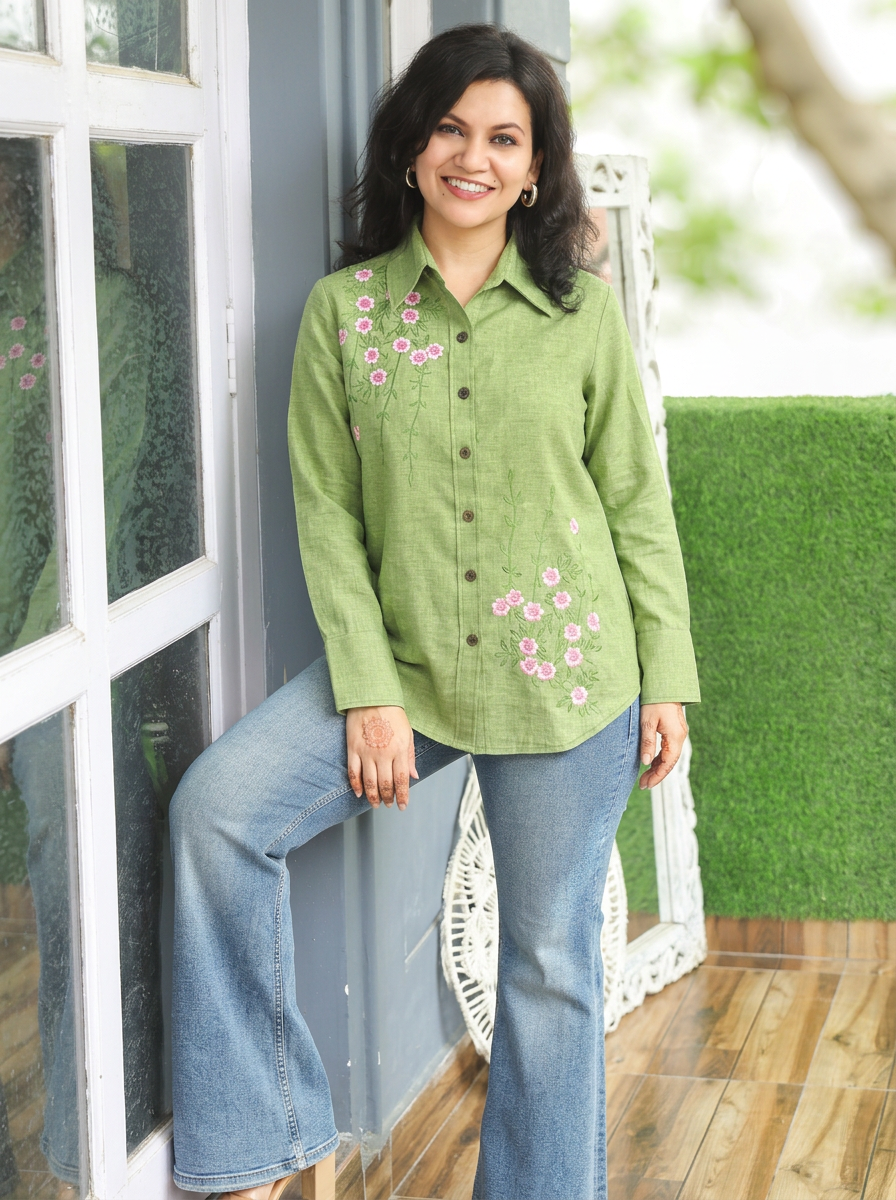 Barsha Green Embroidered Wood Button Linen Shirt