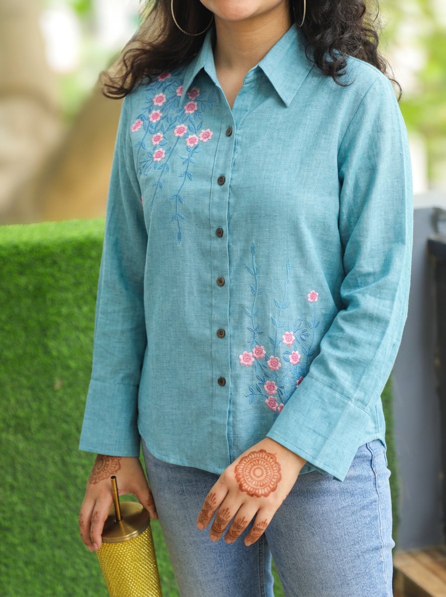 Barsha Aqua Embroidered Wood Button Linen Shirt