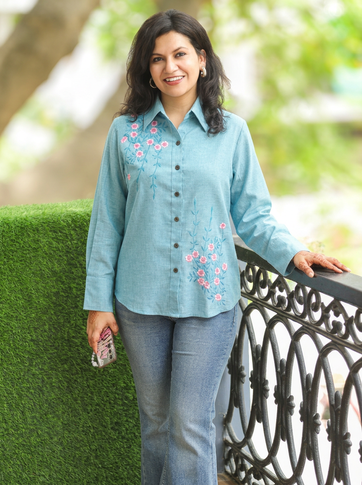 Barsha Aqua Embroidered Wood Button Linen Shirt