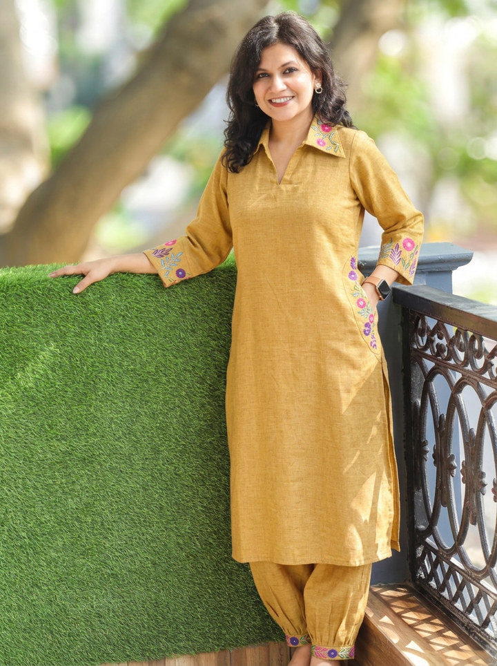Kaashu Canary Yellow Collar Neck Linen 2 Piece Set
