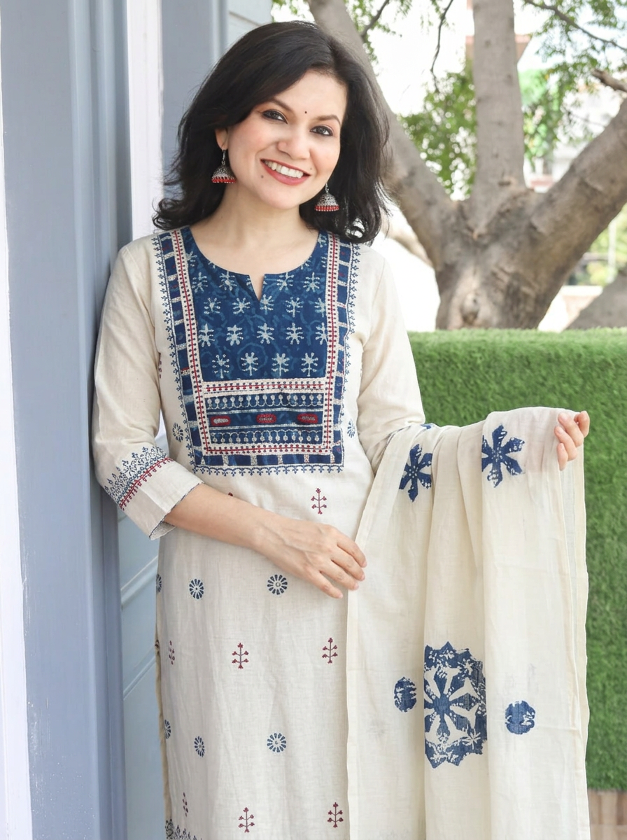 Vaidehi White with Dabu Print Yoke Cotton 3 Piece Set