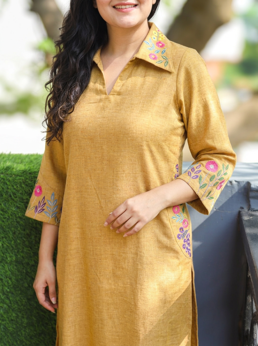 Kaashu Canary Yellow Collar Neck Linen 2 Piece Set