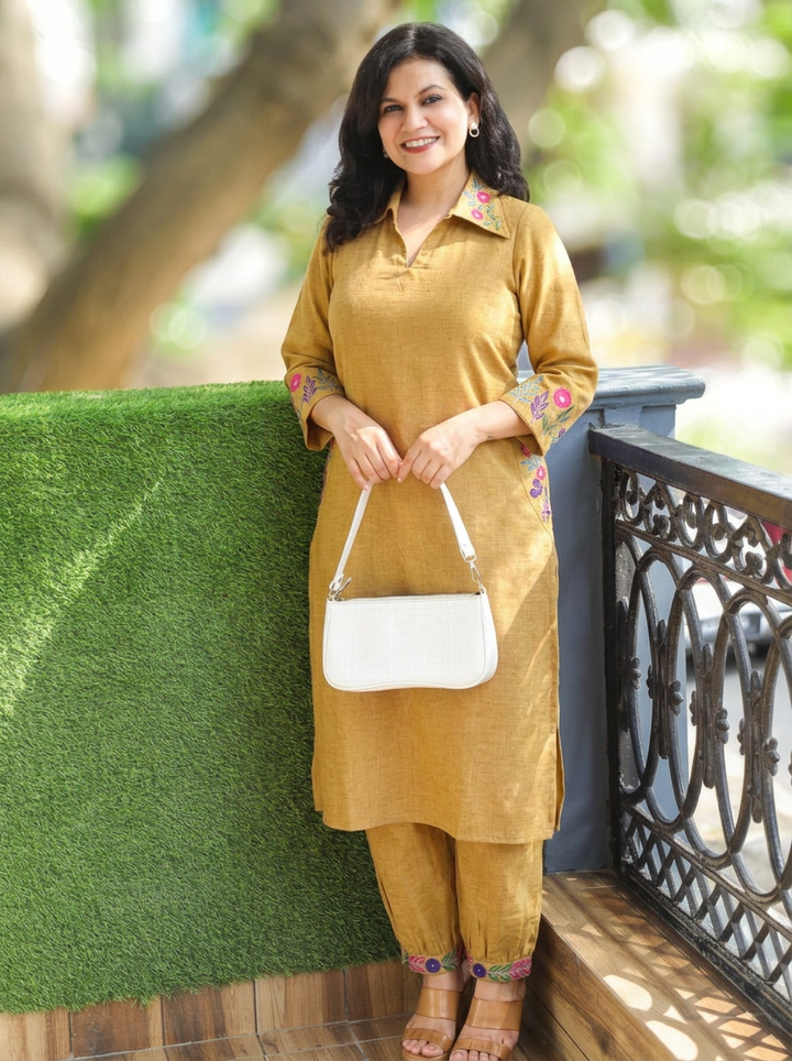 Kaashu Canary Yellow Collar Neck Linen 2 Piece Set