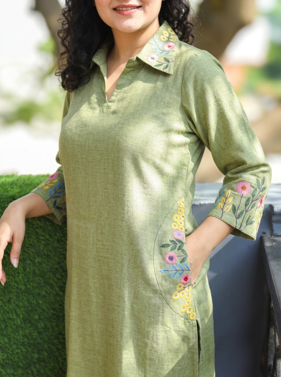 Kaashu Fern Green Collar Neck Linen 2 Piece Set