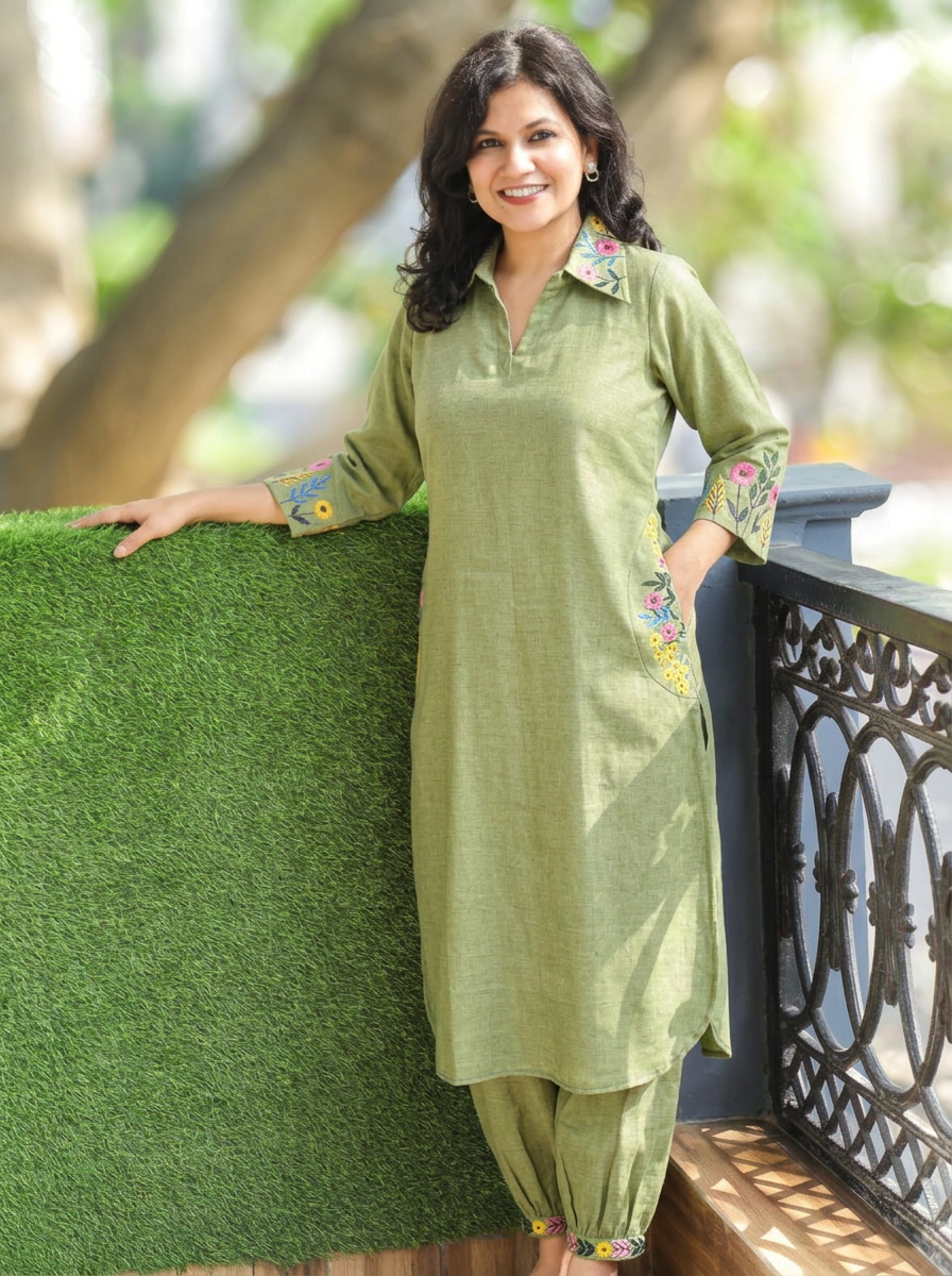 Kaashu Fern Green Collar Neck Linen 2 Piece Set