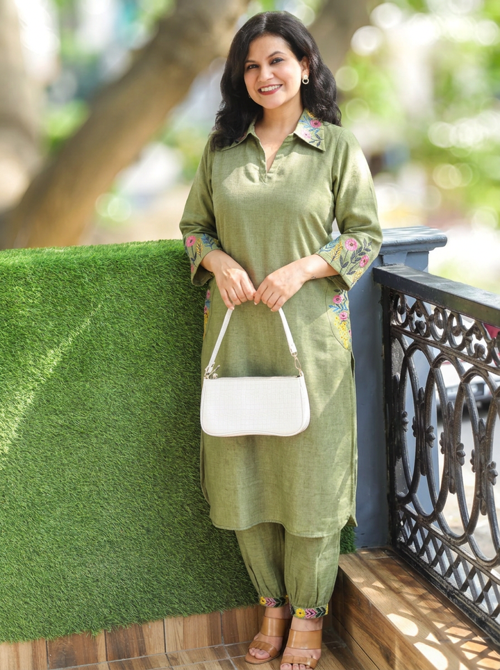 Kaashu Fern Green Collar Neck Linen 2 Piece Set