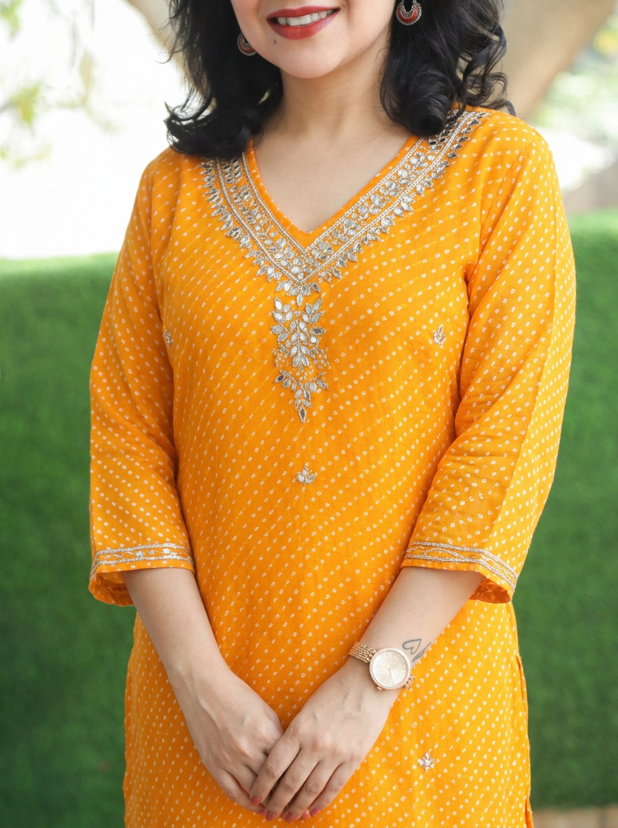 Rimmi Yellow Embellished Neck Leheriya Georgette Kurti