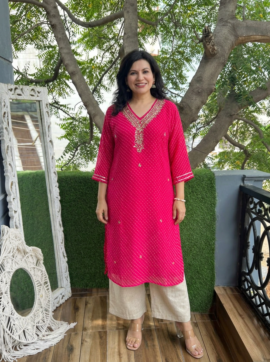 Rimmi Rani Pink Embellished Neck Leheriya Georgette Kurti