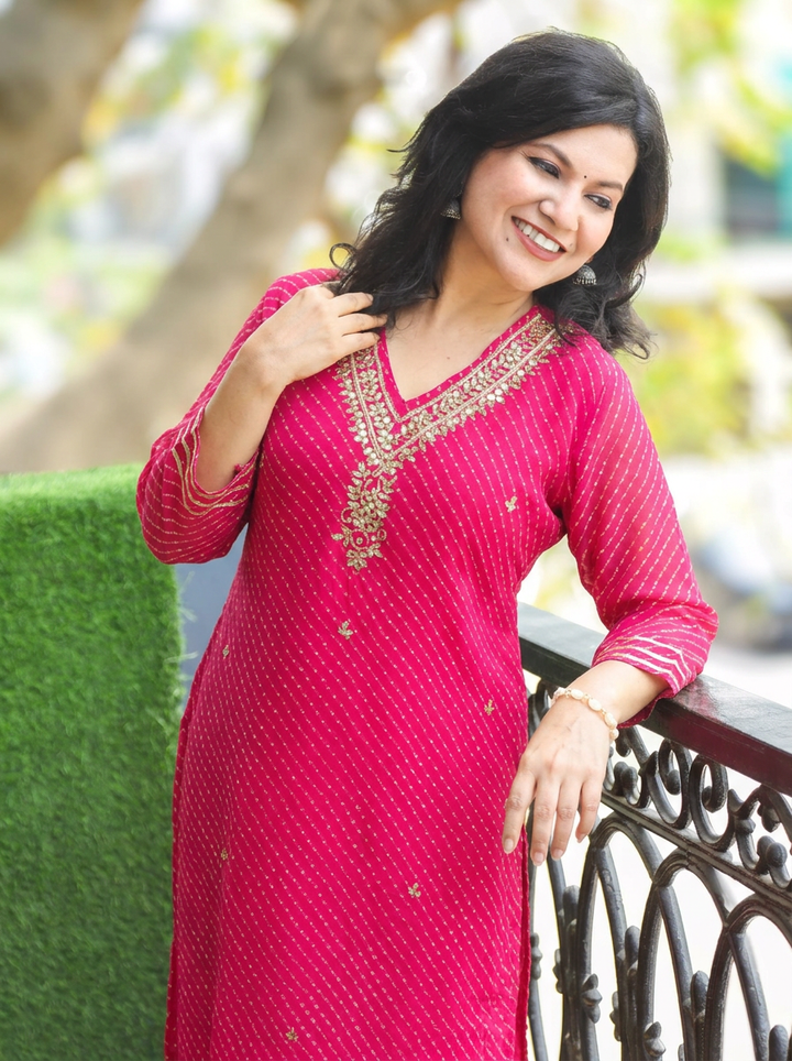 Rimmi Rani Pink Embellished Neck Leheriya Georgette Kurti