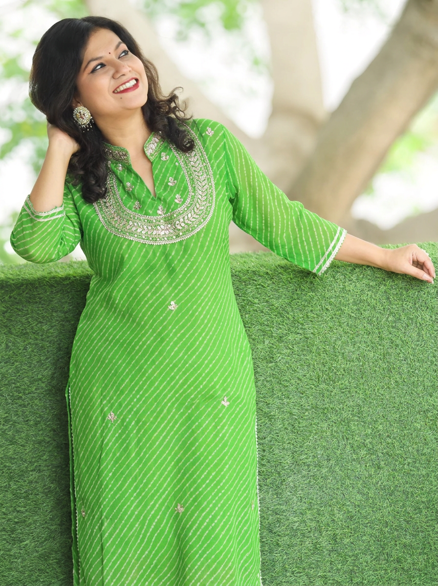 Rimmi Leaf Green Embellished Neck Leheriya Georgette Kurti