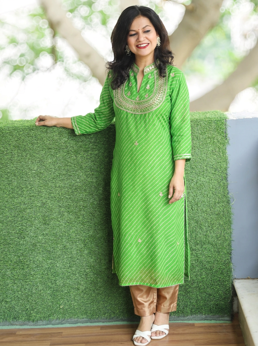Rimmi Leaf Green Embellished Neck Leheriya Georgette Kurti