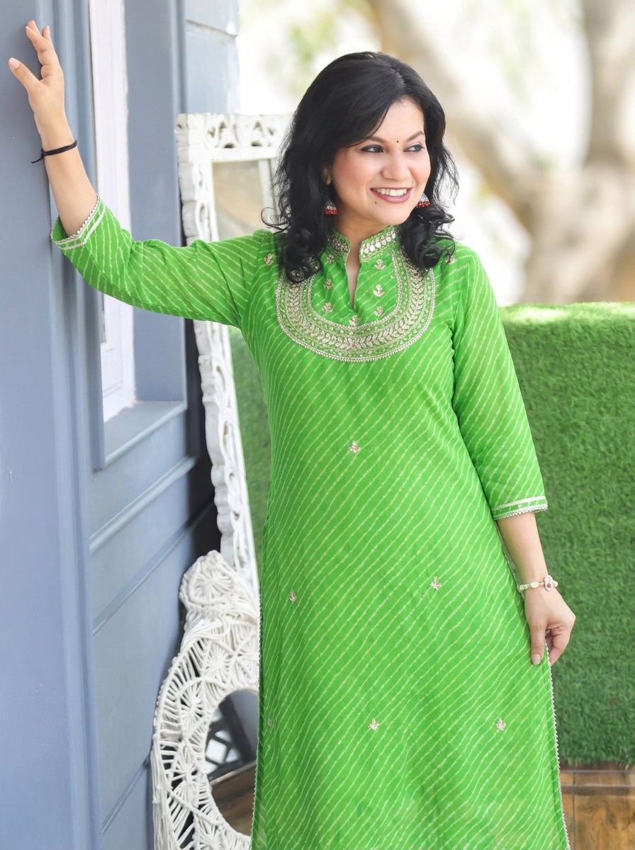 Rimmi Leaf Green Embellished Neck Leheriya Georgette Kurti